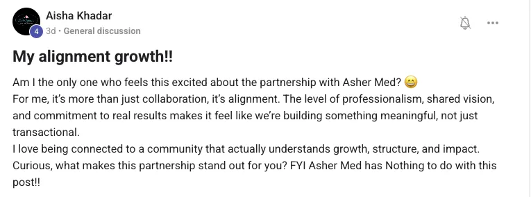 Aisha Khadar: My alignment growth — more than a collaboration. Professionalism, shared vision, real results.