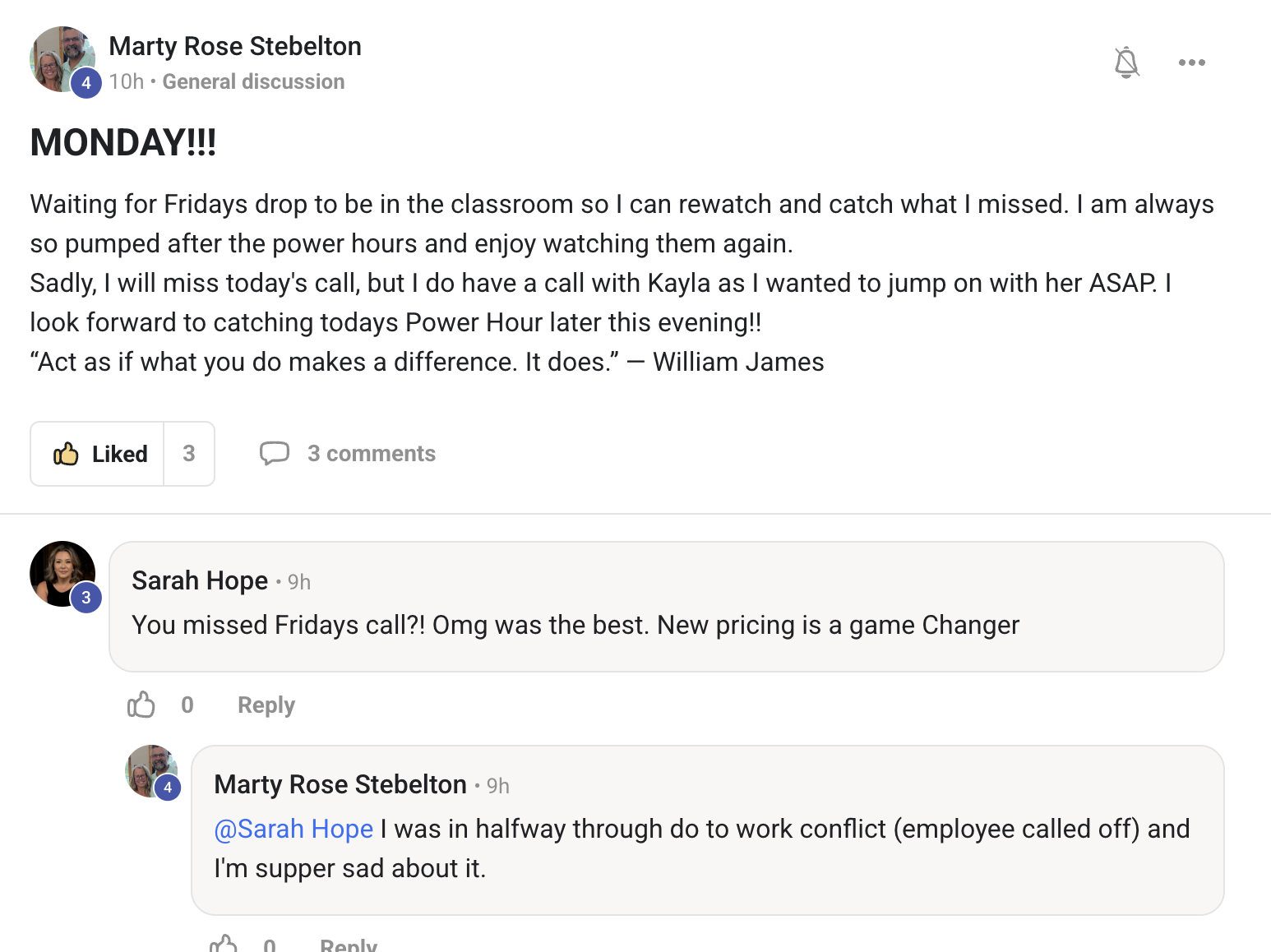 Marty Rose Stebelton: Always pumped after the weekly power hours — replays in the classroom keep me locked in.