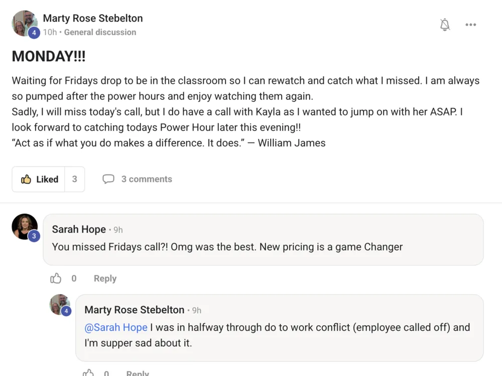 Marty Rose Stebelton: Always pumped after the weekly power hours — replays in the classroom keep me locked in.